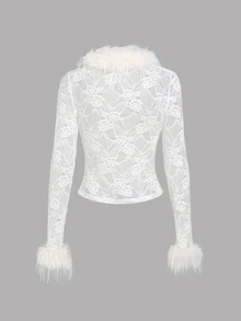 Sweetra Women's Patchwork Fur Lace Long Sleeve Sexy Romantic Goth Elegant Jacket Night Out White Autumn Wedding - White - View 2