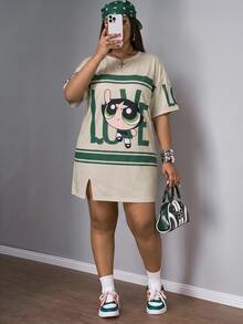Slaydiva THE POWERPUFF GIRLS X SHEIN 大尺碼女款字母卡通印花短袖休閒洋裝，適合外出、街頭穿搭、機場穿著 - 彩色 - 查看 6