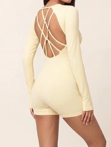 SHEIN BAE 女款純色休閒日常旅行運動連身褲 - Butter Yellow - 查看 3