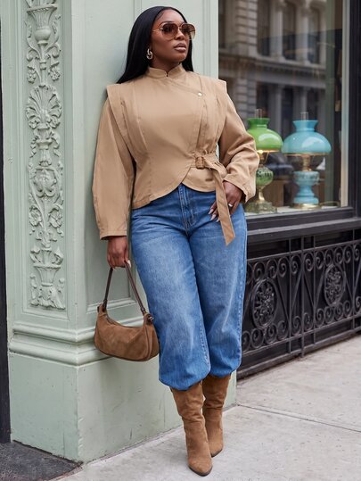 Slaydiva Spring Early Autumn New Casual Commute, Modern, Daily Street, Date, Holiday, Party, Teacher, School, Back To School Occasions Fitted Khaki Long Sleeve Plus Size Asymmetrical Hem Waist Belt Adjustable Short Jacket - Women's Plus Size - Z