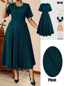 Auvina Vestido Feminino Plus Size de Verão, Cor Sólida, Minimalista, Gola Redonda, Manga Curta, Linha A, Plissado, Patchwork, Bolso, Cintura Marcada, Vintage, Elegante, Casual, Comprimento Médio - Verde - Visão 6