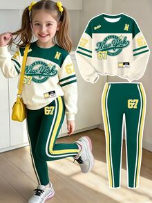Young Girls Fall New York Letter Color Block Crew Neck Sweatshirt & Pants Set In Dark Green & Gold, Casual Autumn Outfit - Multicolor - View 1