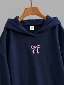 SHEIN 青少年女孩蝴蝶結印花長袖口袋連帽衛衣 - 藏蓝色 - 查看 7