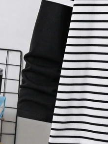 SHEIN 青少年男孩休閒舒適百搭條紋拼色拼接袖長袖上衣 - 白色 - 查看 4