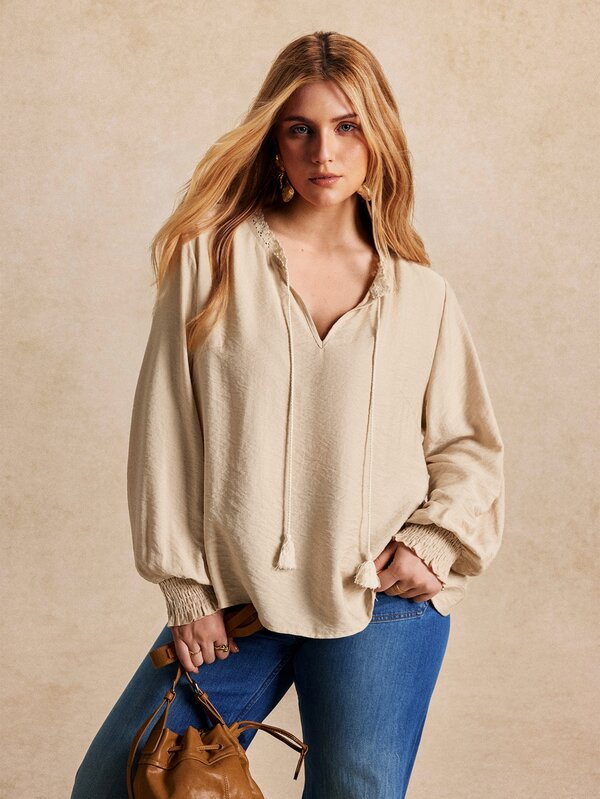 Écloséra Curve Plus Size Women's Autumn/Winter Long Sleeve Linen Loose Casual Shirt, Vintage Artistic Lace Trim Pullover Round Neck Top, Tang Dynasty Zen Style Multi-Function Long Sleeve Blouse, Suitable For Commuting, Gatherings, Office, Teacher's Day, Travel, Vacation And Other Occasions