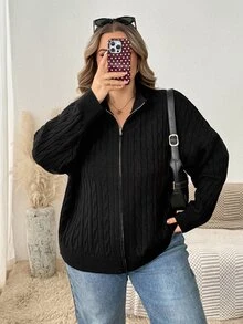 SHEIN CURVE+ Plus Size Women's Solid Color Zipper Casual Versatile Daily Wear Cardigan - Black - View 3