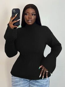 Selianne Atasan Sweater Rajut Wanita Model Kerah Semi Tinggi, Pinggang Pas, Lengan Lentera Berkerut - Hitam - View 4