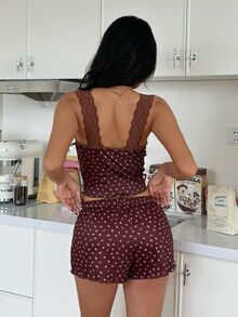 ZzzCrew 2pcs/Set Women's Fitted Ribbed Fabric & Lace Trim Pajama Set - Multicolor - View 2