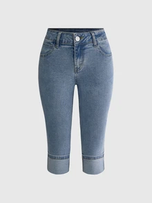 ROMWE Summer Y2K Hot Girl All-Match Versatile Retro Ultra Low Waist Denim Skinny Mid-Length Shorts - Baby Blue - View 1