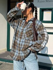 Muchica Plus Size Women's Plaid Long Sleeve Single-Breasted Casual Pocket Shirt Fall - Brown - View 4