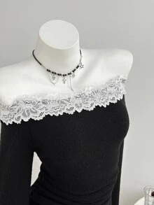 Elamini Women's Lace Patchwork Off Shoulder Knit Dress - Black - View 3