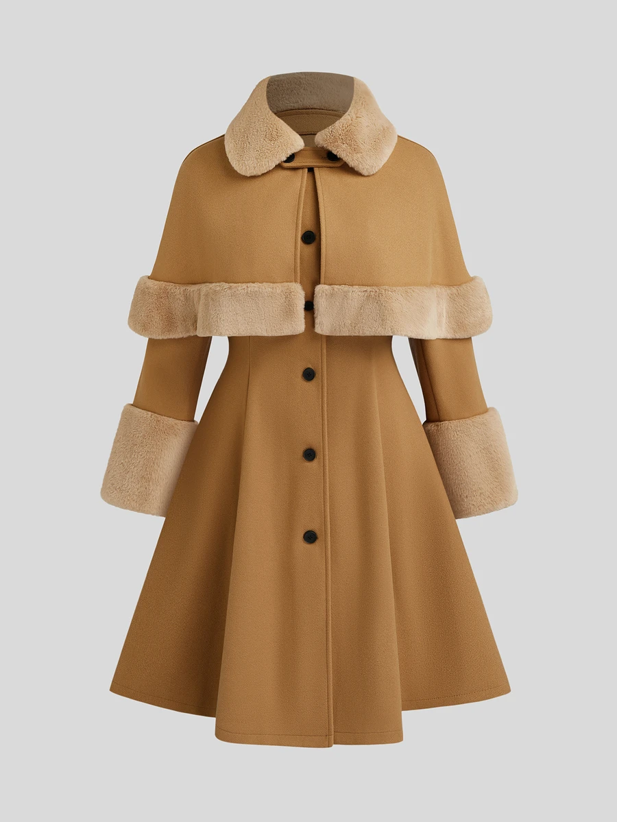 Sweetra Plus Size Wool Blend Cape Coat 2 Pieces Set, Autumn/Winter - Khaki - View 1