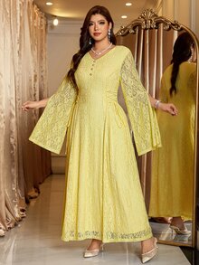 Reflora Plus Size Elegant Party Solid Color Lace Dress - Yellow - View 4