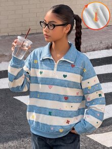 青少年女孩秋冬抓絨內裡半拉鍊條紋愛心花卉印花運動衫 - 彩色 - 查看 3