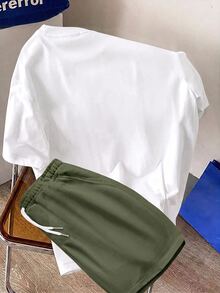 Daypath Men's Fitted White Knit Top And Army Green Woven Shorts Set - Army Green - View 4