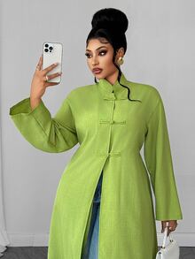 Maweii Cardigan Panjang Terbuka Depan Gaya Cheongsam Cina Ukuran Plus untuk Musim Gugur - Hijau - View 6