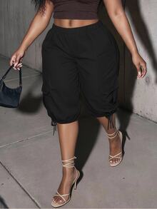 Slaydiva Plus Size Casual Versatile Ruched Tie-Up Capri Pants - Black - View 4