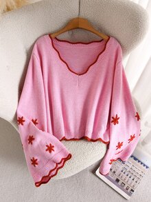 Elaquor Plus Size Fashion Vacation 3D Embroidered Pullover Sweater Date Night Evening Pink Floral Autumn Cute Casual Winter - Pink - View 4