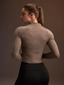 Powerista Women's Brown Black High Neck Long Sleeve Slim Fit Sports Sweatshirt - Brown - View 2