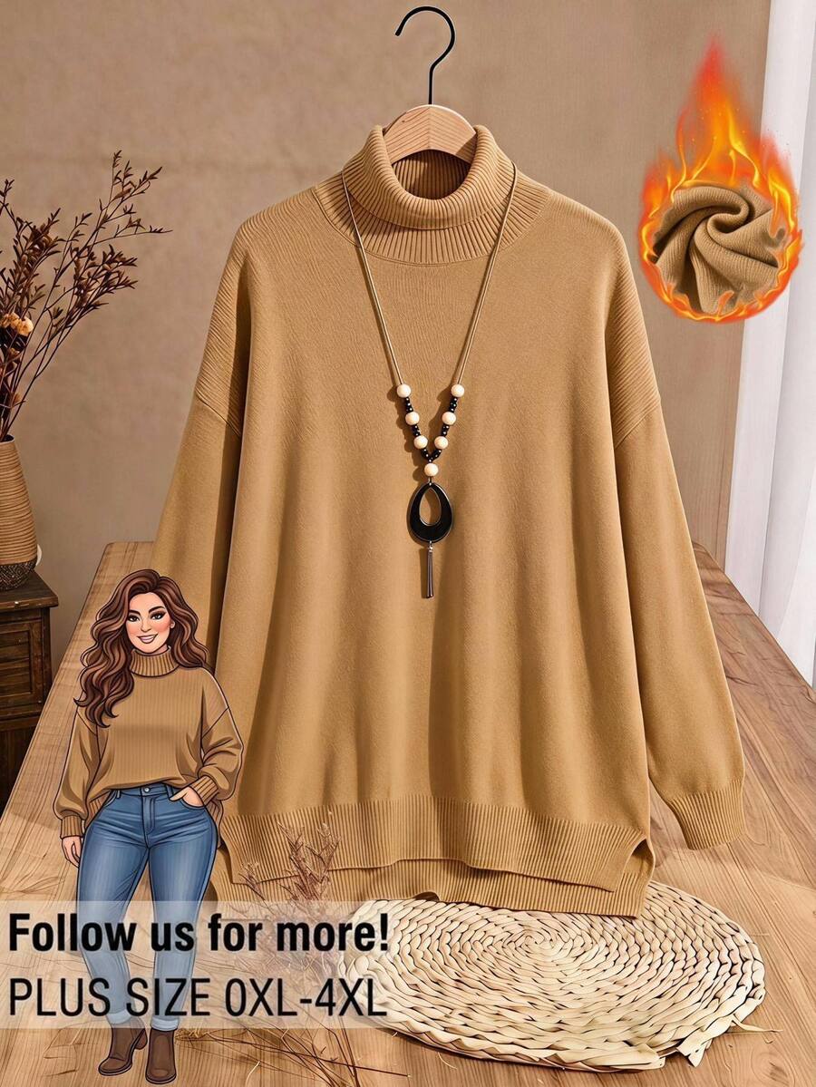 Rusticease Women's Plus Size Solid Color Turtleneck Sweater, Autumn/Winter - Camel - View 1