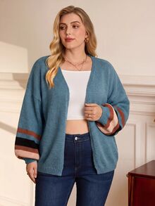 EMERY ROSE Cardigan de punto a rayas de bloques de color para vacaciones de talla grande - Neblina azul - Ver 4