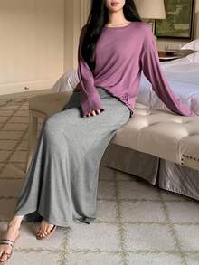 DAZY Women's Long Sleeve Top & Skirt Pajama Set - Purple - View 5