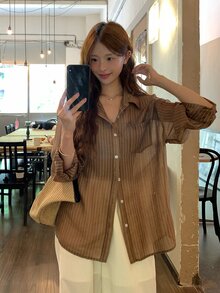 DAZY 女款條紋落肩長袖單排扣休閒襯衫 - 咖啡棕 - 查看 7