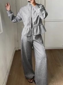 Livesso Women's 2pcs Casual Floral Bud Ruffle Trim Jacket And Pants Set Fall - Grey - View 4