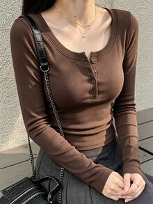 DAZY 女款時尚半開襟鈕扣長袖T恤 - 咖啡棕 - 查看 6