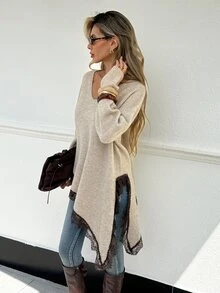 Serisse Women's Casual Lace Trim Asymmetric Hem Sweater, Autumn/Winter Fall Boho Chic Dark Academia Oversized Dark Brown Brunch - Apricot - View 5