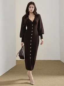 Heiryn Gaun Rajut Elegan Wanita Warna Polos Leher V Lengan Panjang Kancing Tunggal - Coffee Brown - View 6