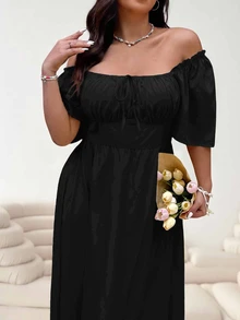 Solflare Spring/Summer Vacation Short Sleeve Plus Size Women Solid Color Front Tie Dress - Black - View 6