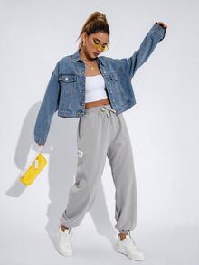SHEIN Casual Streetwear Light Blue Distressed Denim Jacket, Drop Shoulder Loose Fit, Single Back Pocket Design, Short Outerwear Travel Autumn - Light Wash - View 5