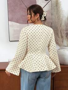 Lounesse Plus Size Women's Round Neck Long Sleeve Polka Dot Design Fashion Cinched Waist Flared Hem Shirt Office Formal Beige Autumn Elegant Traditional Fall - Apricot - View 4