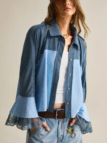 SHEIN Blus Kasual Longgar Lengan Lonceng Lebar Bertekstur Patchwork Kain Bergaris Gaya Bohemian untuk Wanita - MultiWarna - View 5