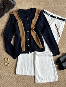 Grovea Cardigan Rajut Kasual Lengan Panjang Kancing Tunggal Ukuran Besar untuk Wanita Musim Dingin - Hitam - View 5