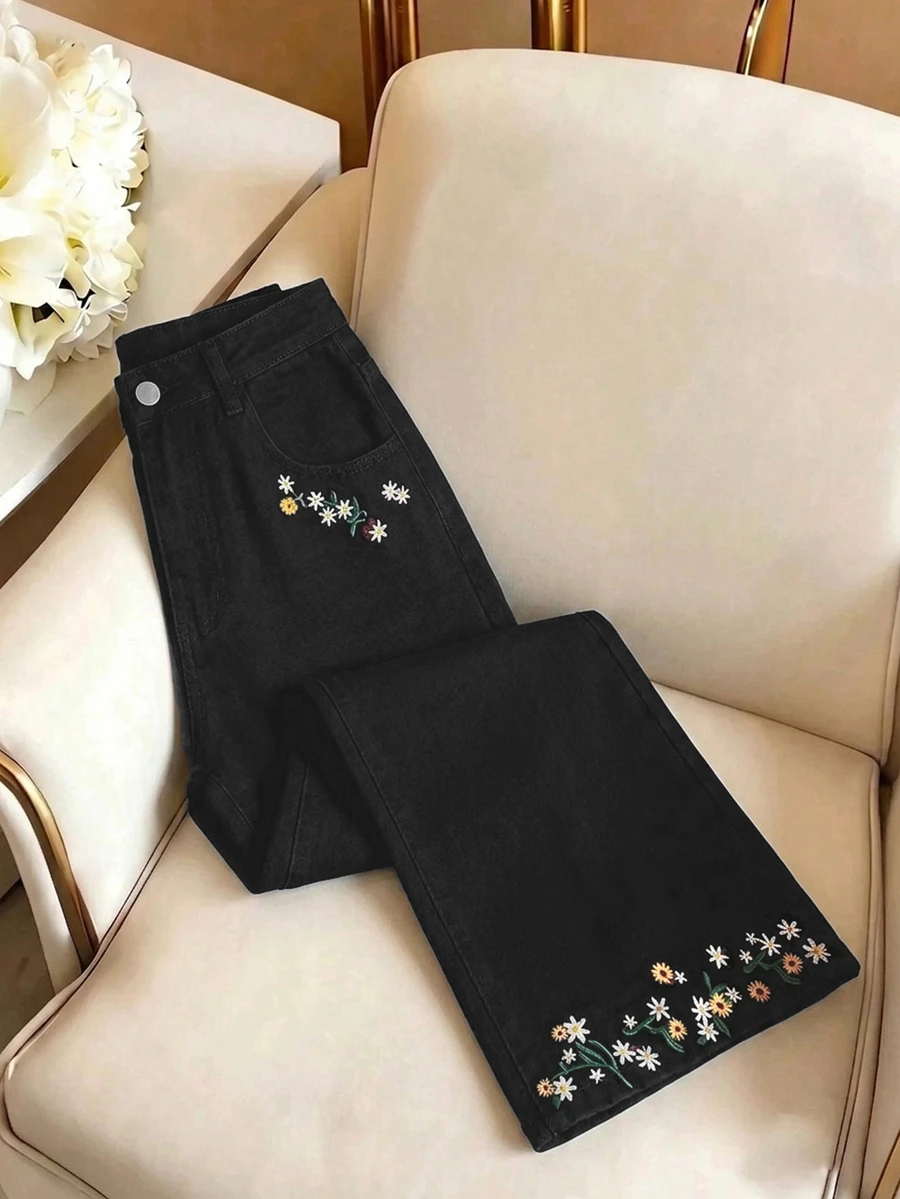 GlowEve 女款夏季花卉刺繡牛仔褲 - 黑色 - 查看 1