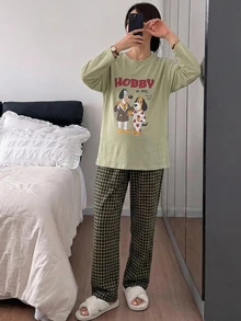 DAZY Pattern Letter Print Loose Long Sleeve T-Shirt & Plaid Long Pants Casual Home Daily Spring Autumn 2pcs Set For Pregnant Women - Green - View 4