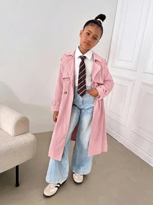 SHEIN 兒童青少年女孩時尚休閒卡其色梭織雙排扣翻領寬鬆長款風衣大衣，秋冬款，休閒風格，通勤與街頭穿搭 - 粉色 - 查看 3