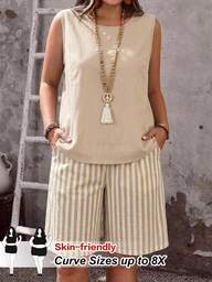 SHEIN CURVE+ Casual Plus Size Apricot Solid Color Round Neck Sleeveless Loose Fit Striped Pattern Shorts 2 Pieces Set, Summer/Vacation Women's Outfit, Country Style Women's Clothing