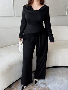 Vibekara Women's Solid Black Draped Cowl Neck Lace Patchwork Asymmetrical Hem Long Sleeve Top Paired With Solid Black Casual Style Pants, Daily Commute Two Pieces Set, Vacation Travel Wear, Holiday Elegant Style Two Pieces Set, Y2K Two Pieces Set - Black - View 7