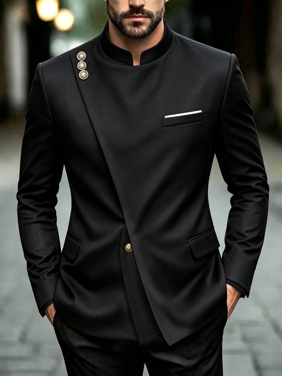 Manfinity AFTRDRK British Business Style Men's Button Front Blazer - Black - View 1