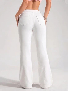 SHEIN Tall Gaya Jalanan Gadis Seksi Celana Jeans Denim Model Flare Pinggang Rendah dengan Kantong Tempel - Putih - View 2