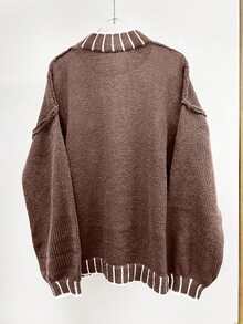 SHEIN LUNE 女款拼色休閒百搭日常穿著長袖針織衫 - 咖啡棕 - 查看 2