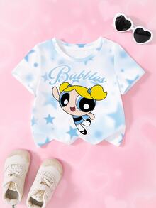 THE POWERPUFF GIRLS X SHEIN 女嬰卡通星星印花短袖上衣 - 白色 - 查看 1