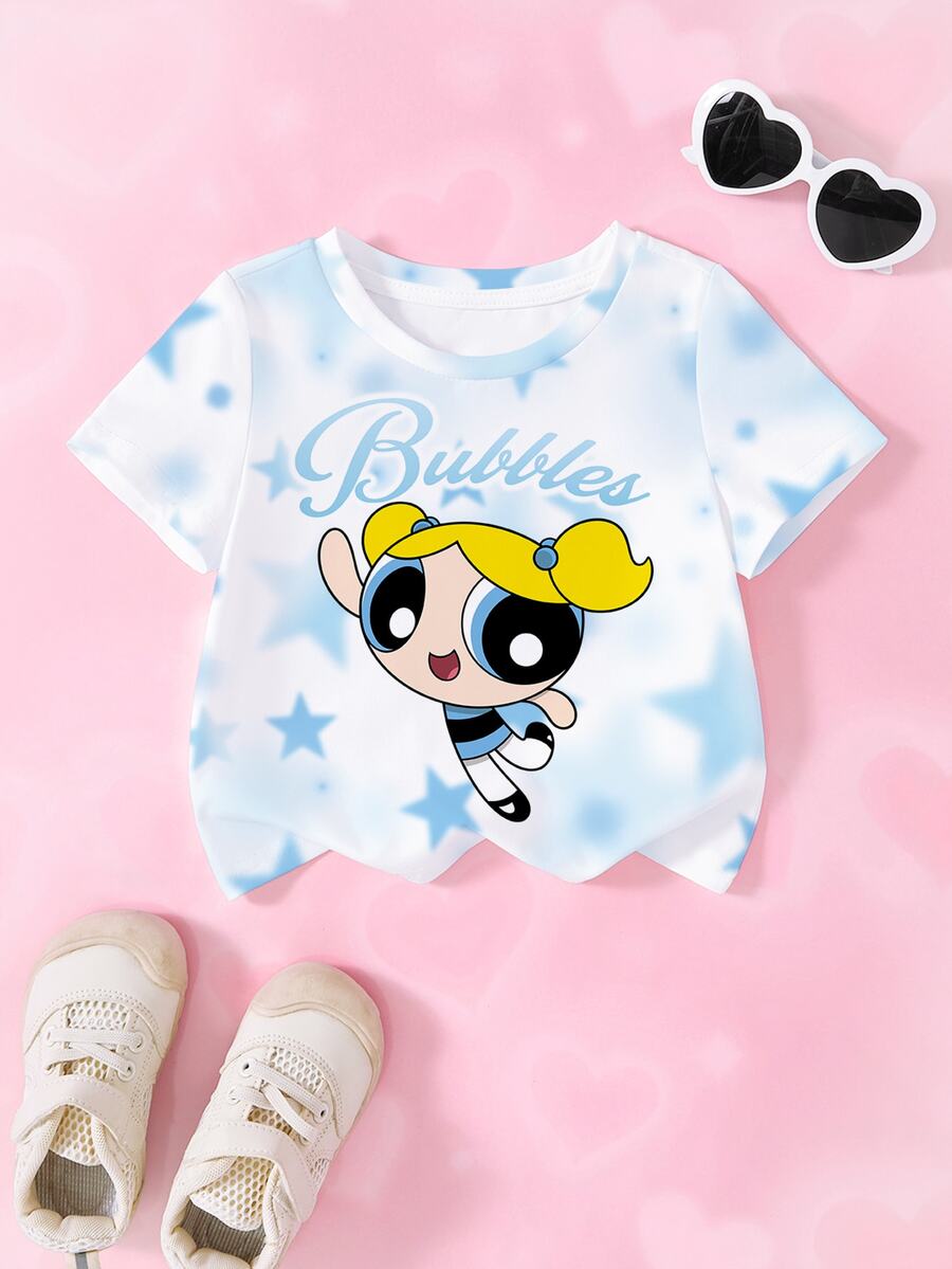 THE POWERPUFF GIRLS X SHEIN 女嬰卡通星星印花短袖上衣 - 白色 - 查看 1