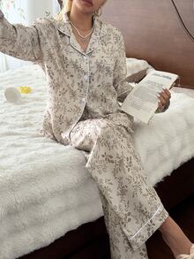 CottageSlumber Bubble Crinkle Ditsy Floral Print Lapel Long Sleeve Long Pants Pajama Set - Apricot - View 4