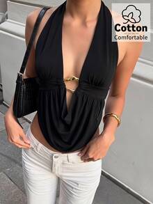 Aloruh Áo tank top nữ cổ chữ V sâu xếp nếp nhún, đính kim loại, gợi cảm thanh lịch, đi chơi, phong cách Gyaru - màu đen - Xem 5