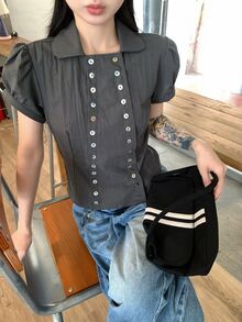 K-Vae Women's Solid Color Short Petal Sleeve Double-Breasted Casual French Retro Shirt Everyday High Tea Date Dark Grey Summer - Grey - View 1