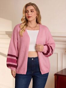 EMERY ROSE Plus Size Women's Colorblock Casual Versatile Daily Cardigan - Pink - View 4